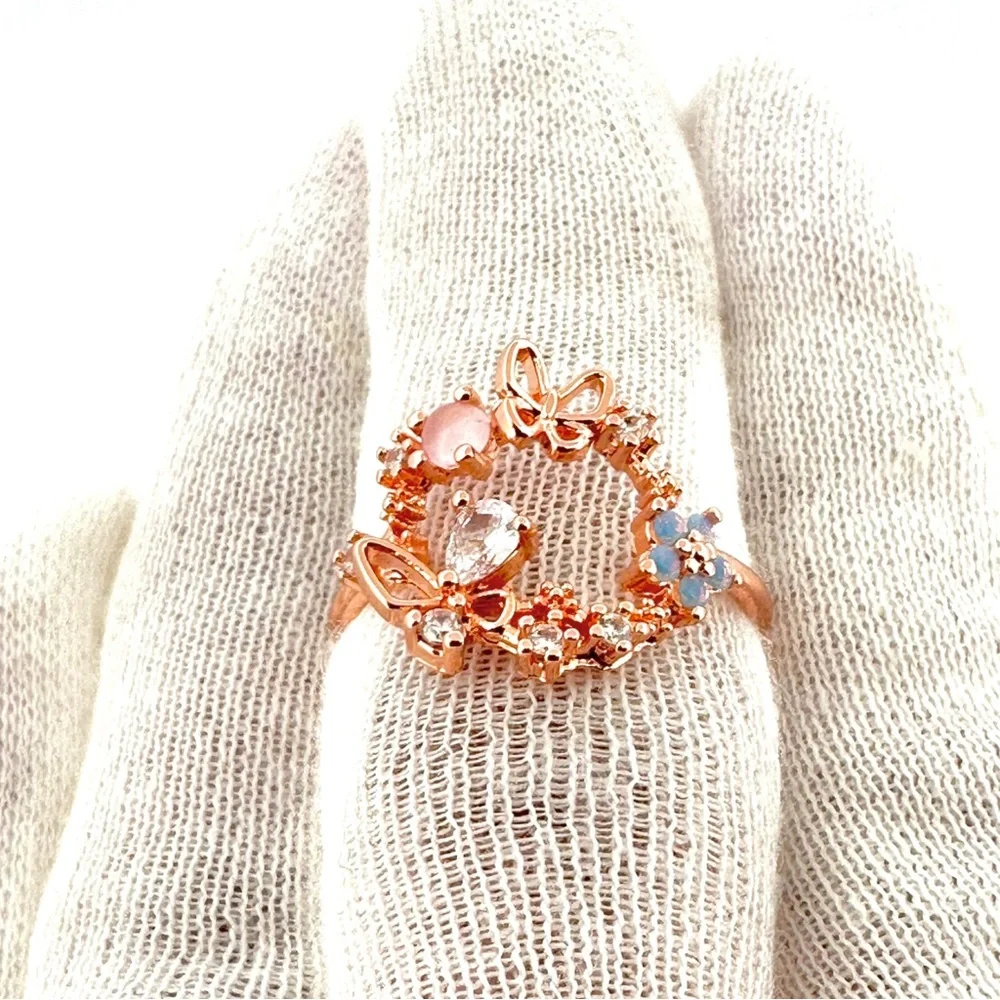 Butterfly & Flower Circle CZ Rose Gold Adjustable Band Ring